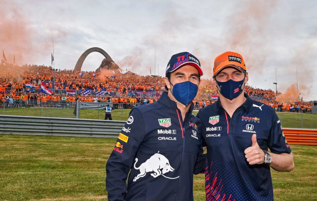 Max Verstappen thumbs up with Sergio Perez and fans. Austria July 2021.