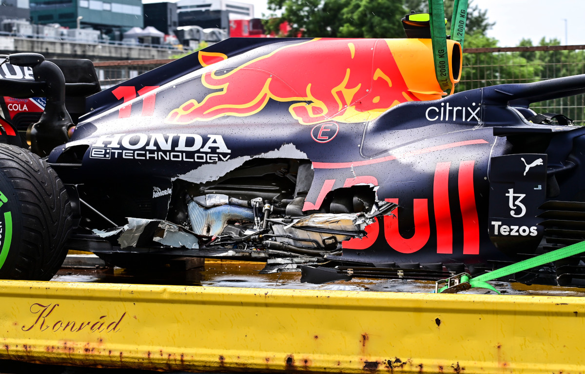 Sergio Perez's damaged Red Bull RB16B. Hungary August 2021.
