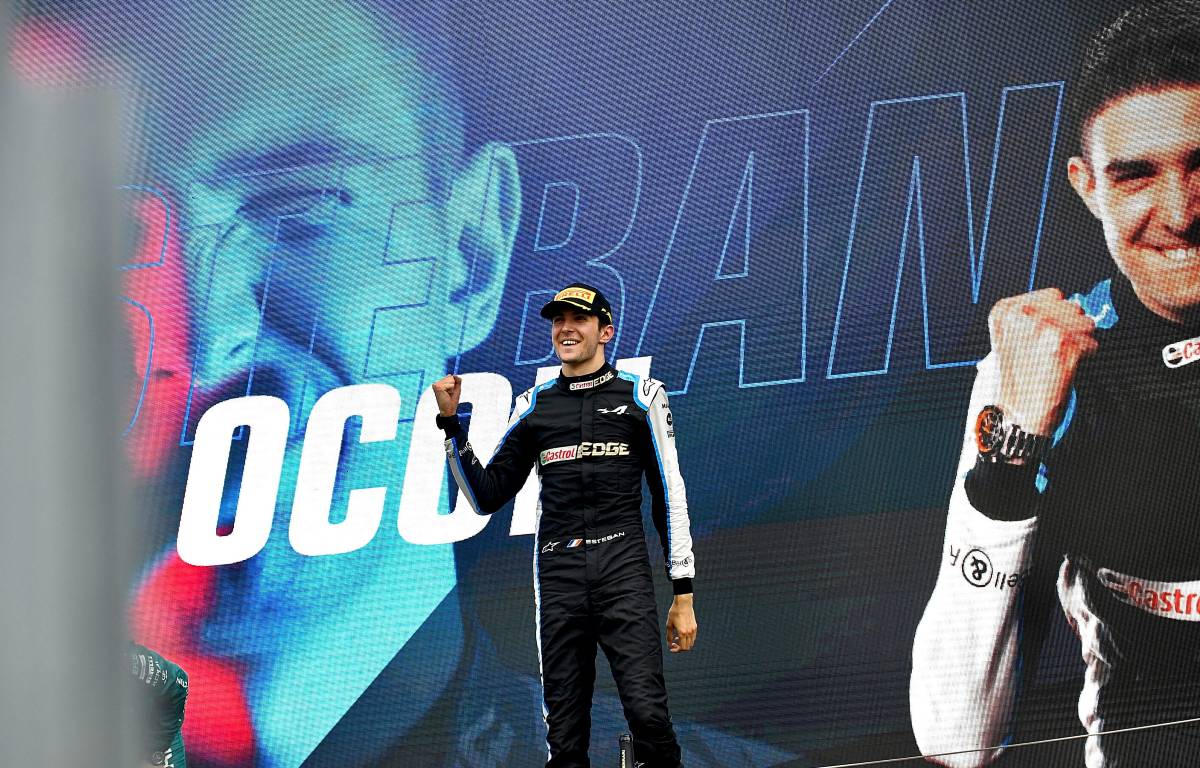 Esteban Ocon celebrates his Hungarian Grand Prix victory. Hungaroring August 2021.