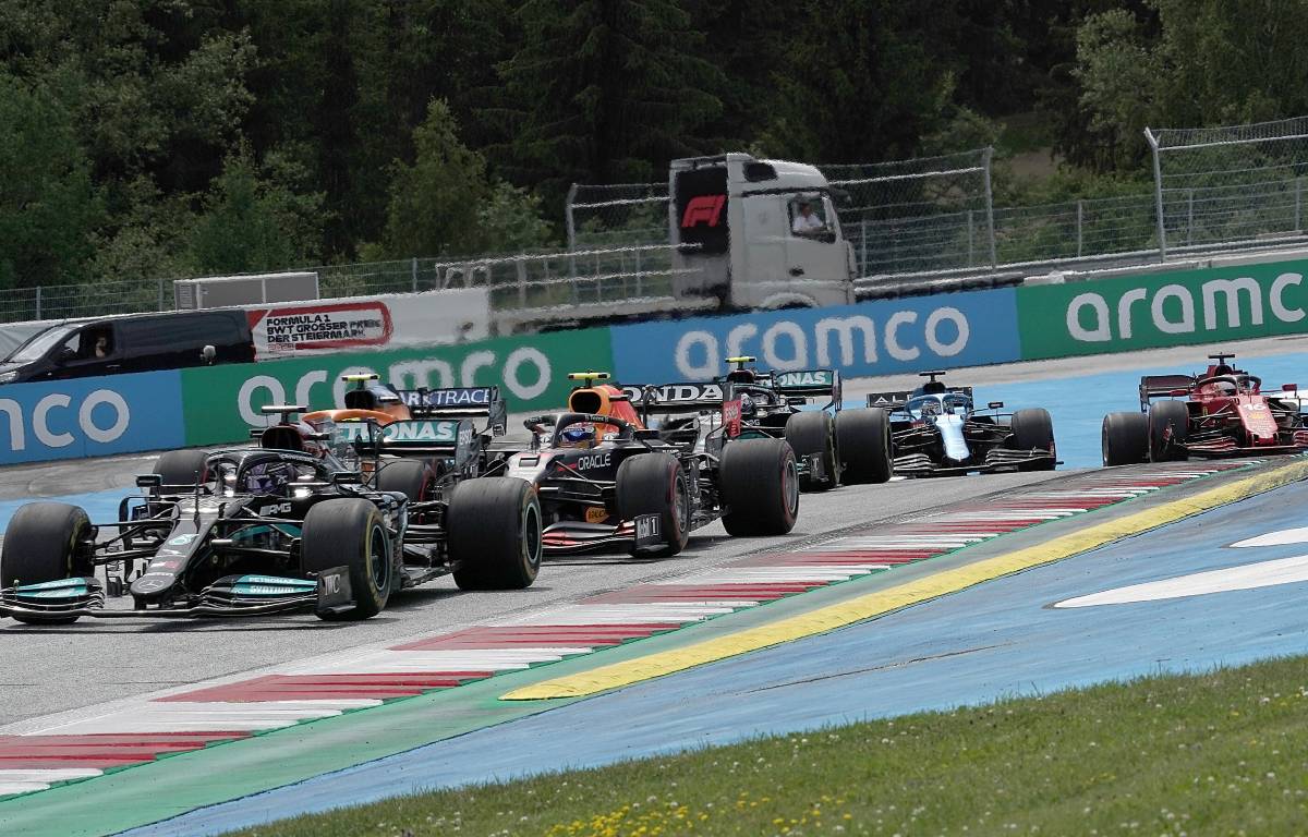 Lewis Hamilton leads in the early stages of the 2021 Styrian GP. Red Bull Ring June 2021.