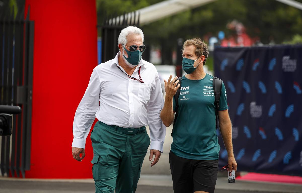 Aston Martin driver and team owner Sebastian Vettel and Lawrence Stroll at the French Grand Prix. Paul Ricard June 2021.