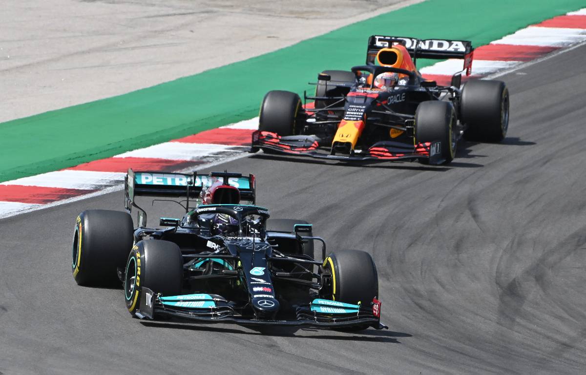 Lewis Hamilton leads Max Verstappen during the Portuguese GP. Portimao May 2021.