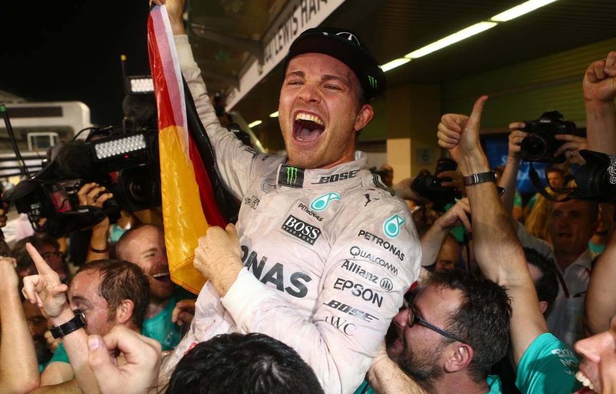 Nico Rosberg celebrates winning the World Championship. Abu Dhabi November 2016.