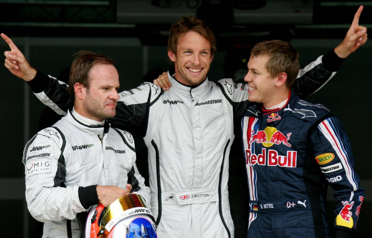 Jenson Button after Spanish GP qualifying, with Rubens Barrichello and Sebastian Vettel. Barcelona May 2009.