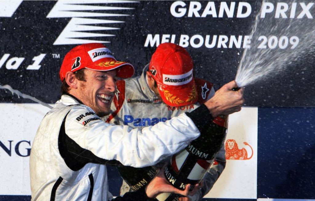Jenson Button on the podium after the Australian GP. Melbourne March 2009.