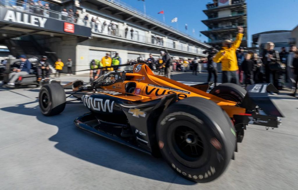 Pato O'Ward's Arrow Racing McLaren car enters the pits. Indianapolis May 2021.