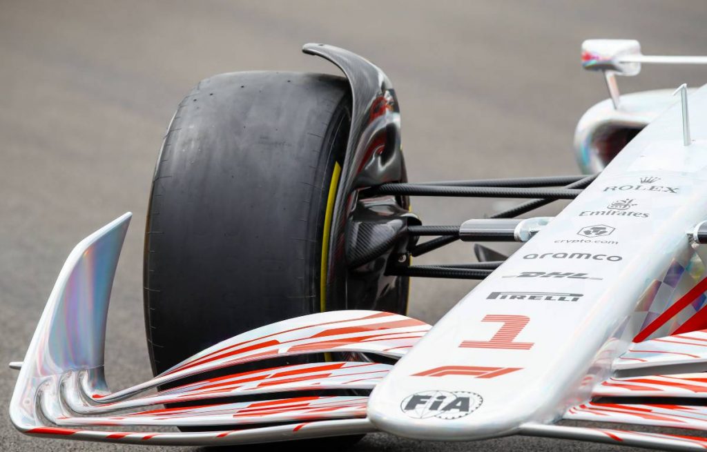 Front wing of prototype 2022 F1 car with flow deflector. Silverstone July 2021.