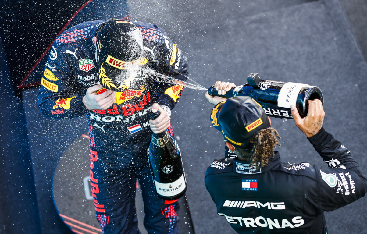 Lewis Hamilton champagne Max Verstappen. Spain May 2021