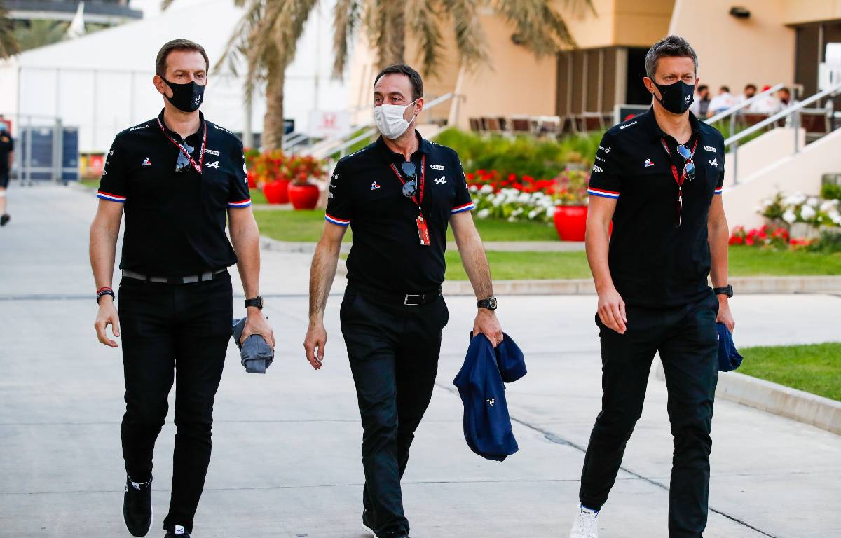 Alpine's Laurent Rossi, Louis Borde and Marin Budkowski arrive for pre-season testing. Bahrain March 2021.