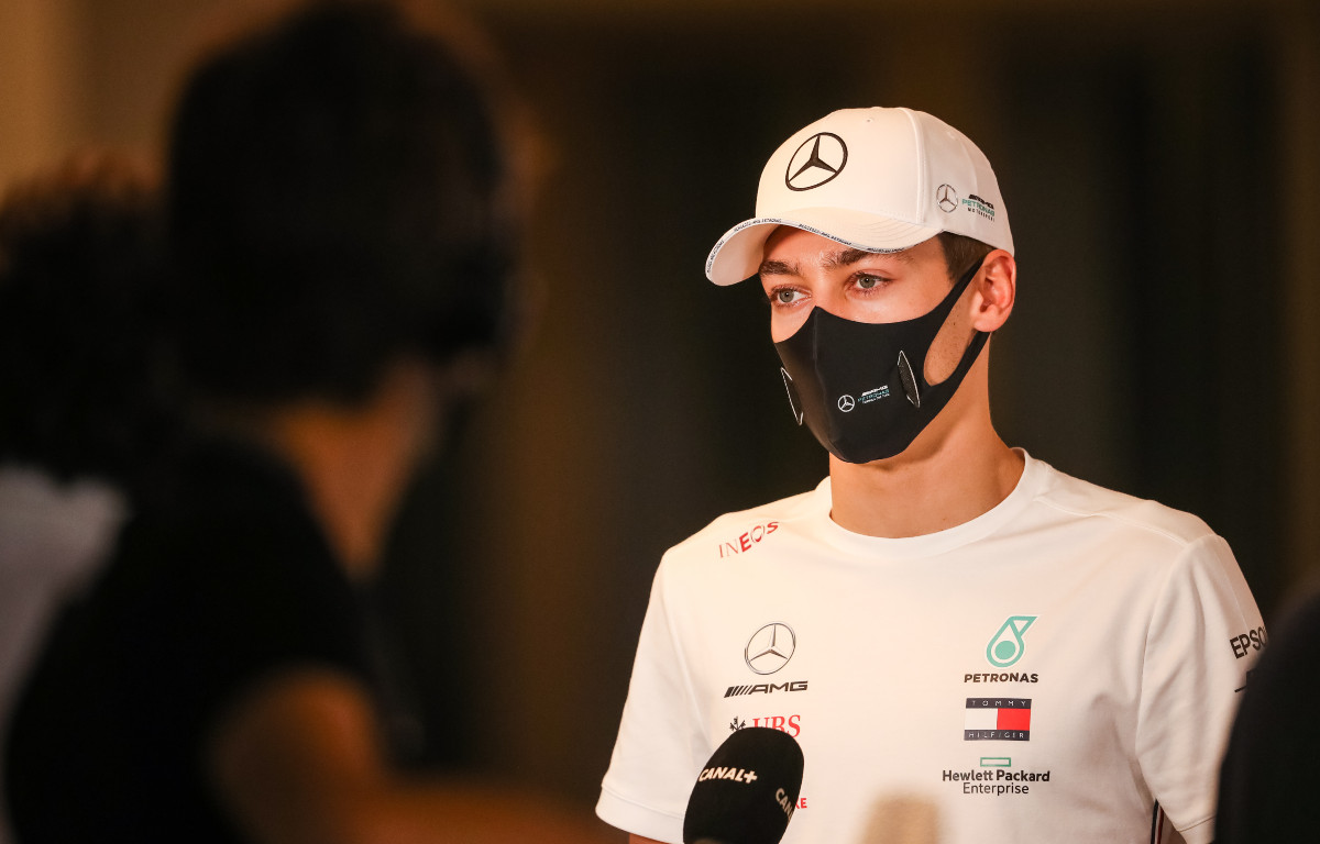 George Russell, Mercedes, on media duties at the Sakhir Grand Prix. December, 2020.