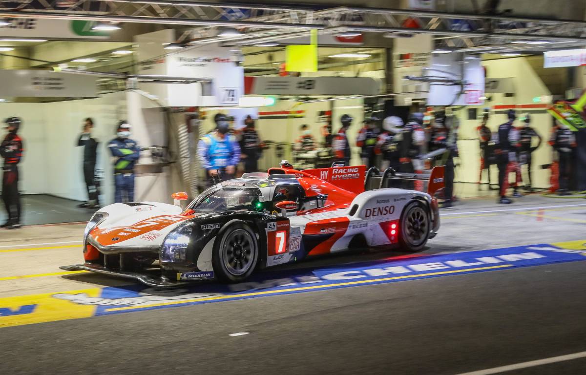 Kamui Kobayashi's Toyota Gazoo Racing Hypercar in the pits at Le Mans. August 2021.