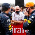 Sergio Perez, Helmut Marko and Max Verstappen chat at the 2021 French GP.