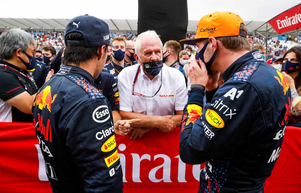 Sergio Perez, Helmut Marko and Max Verstappen chat at the 2021 French GP.