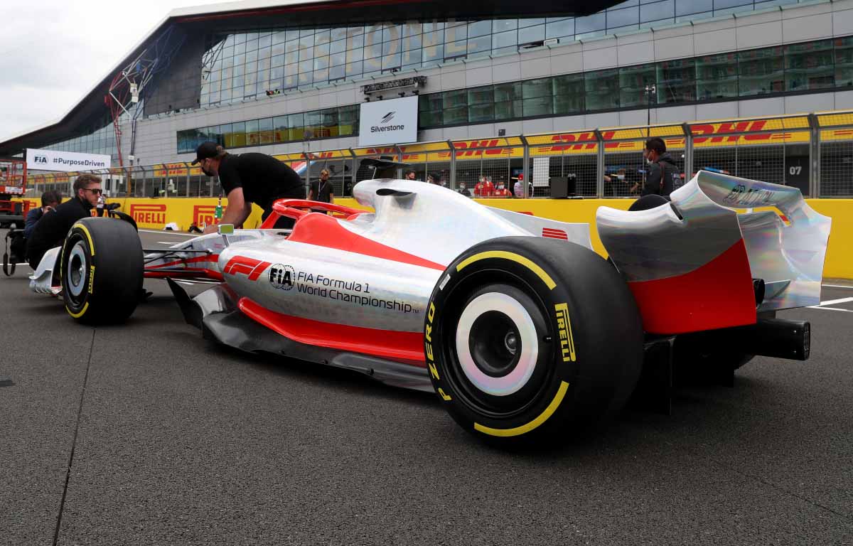 A rear view of the 2022 Formula 1 car with Pirelli tyres.