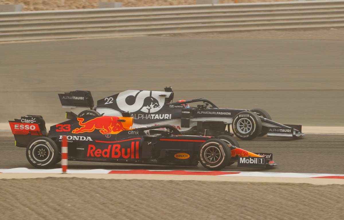 Max Verstappen alongside Yuki Tsunoda in pre-season testing. Bahrain March 2021.