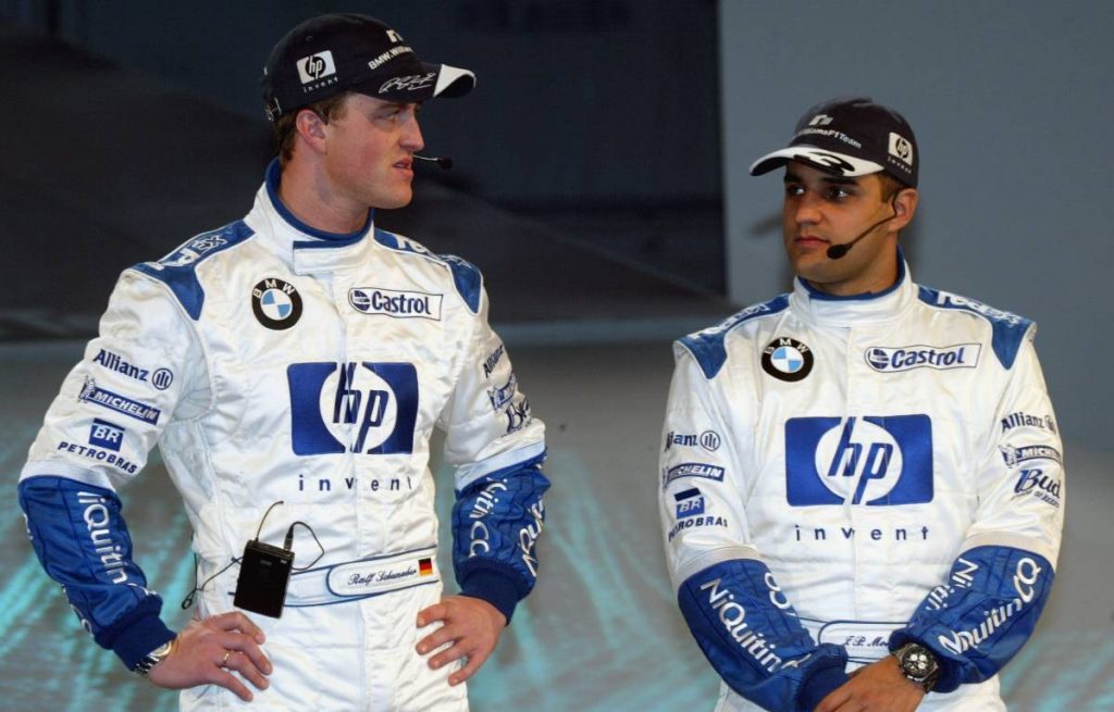 Ralf Schumacher and Juan Pablo Montoya at the 2003 Williams F1 launch.
