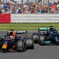 Max Verstappen ahead of Mercedes driver Lewis Hamilton in sprint qualifying at the British GP. Silverstone July 2021.