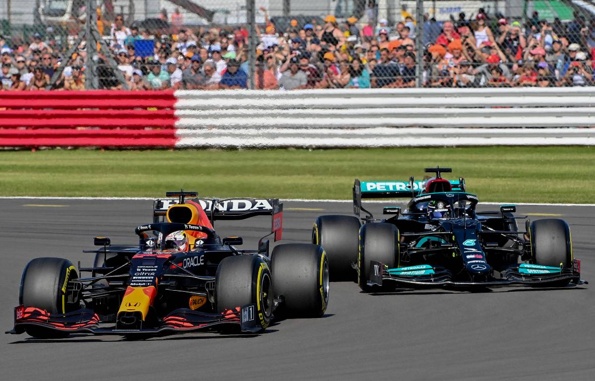 Max Verstappen ahead of Lewis Hamilton in sprint qualifying at the British GP. Silverstone July 2021.