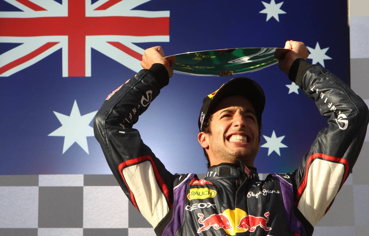 Daniel Ricciardo celebrates with the P2 trophy on his Red Bull debut. Australia, March 2014.