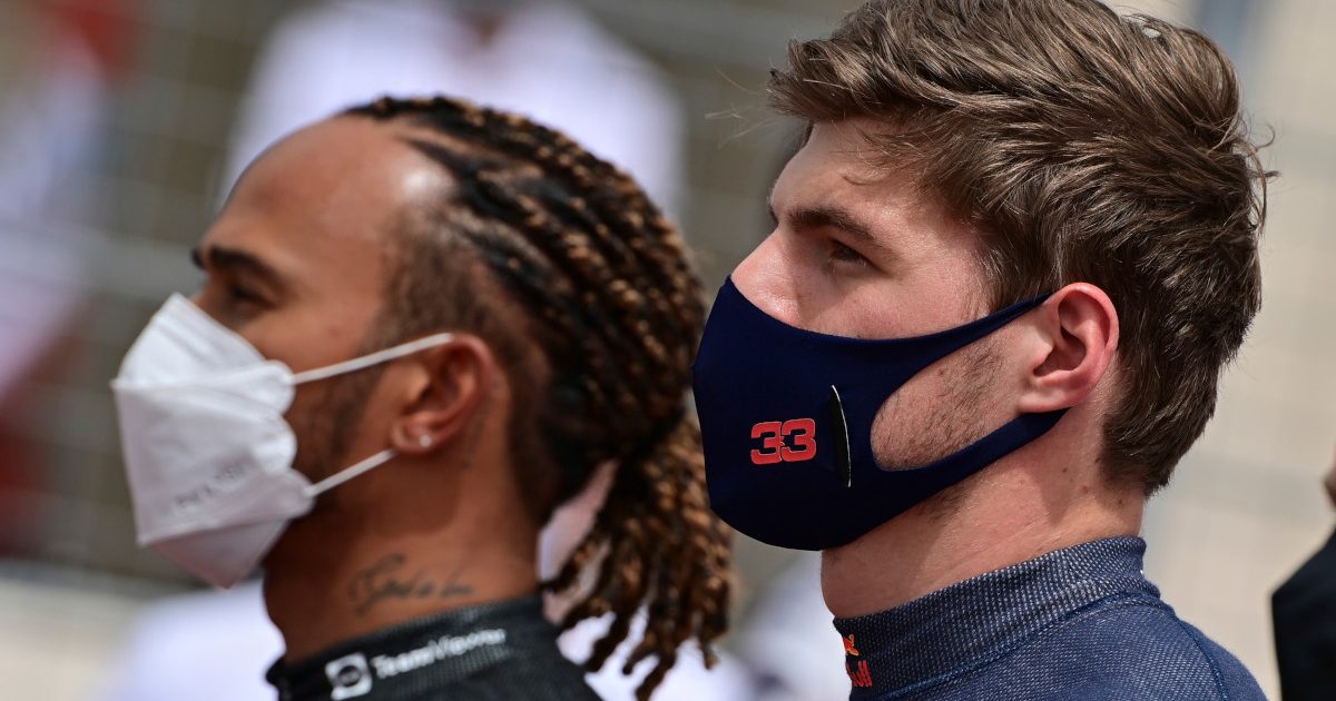 Lewis Hamilton and Max Verstappen stand on the grid for the anthem. France June 2021