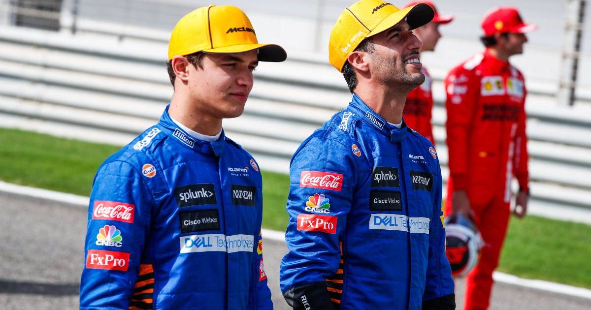 Lando Norris and Daniel Ricciardo during the photoshoot at pre-season testing. Bahrain March 2021.