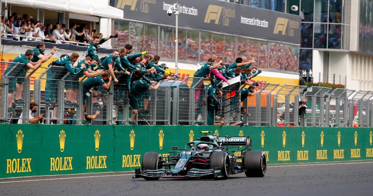 Sebastian Vettel is cheered across the line as he crosses the line second in the Hungarian GP. Hungaroring August 2021.