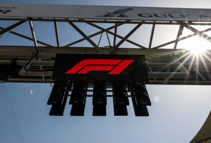 F1 logo displayed on a gantry at the Bahrain GP. Sakhir March 2019.