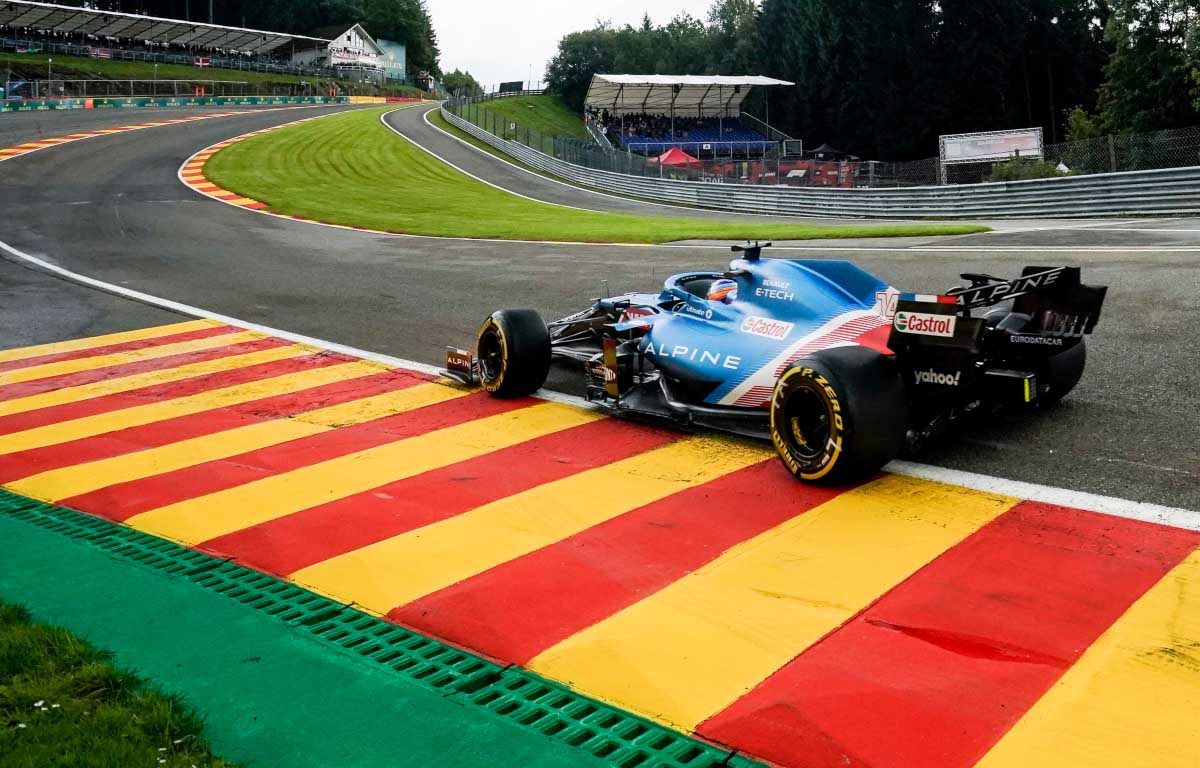 Fernando Alonso drives up Eau Rouge at Spa. August 2021.