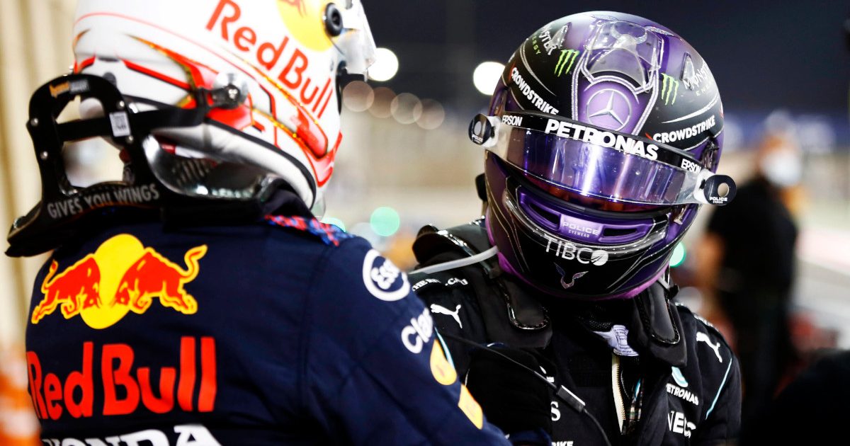 Max Verstappen and Lewis Hamilton parc ferme. Bahrain March 2021