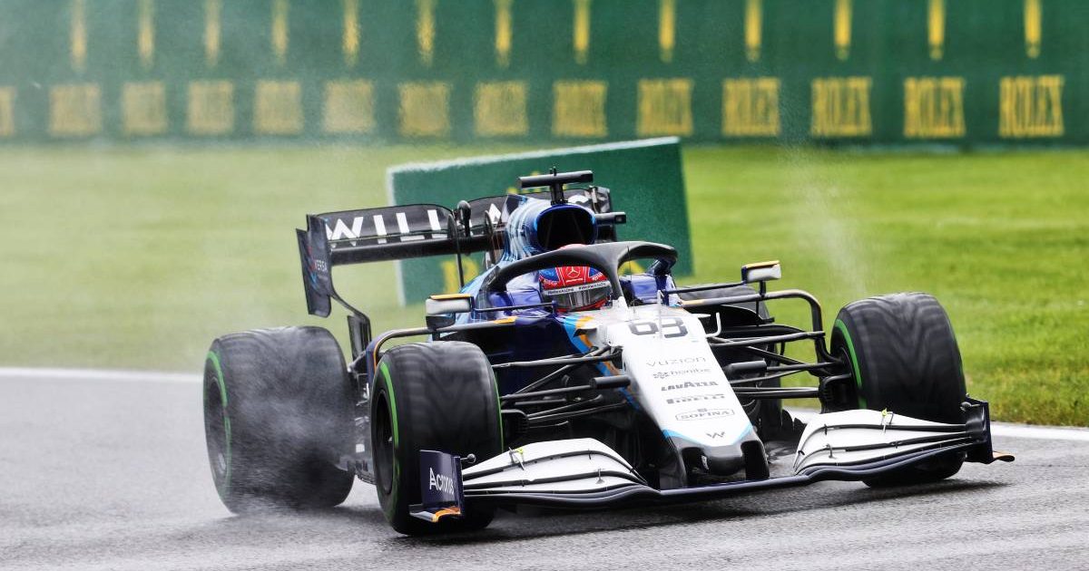 George Russell in the wet on qualifying day for the F1 Belgian GP. Spa-Francorchamps August 2021.