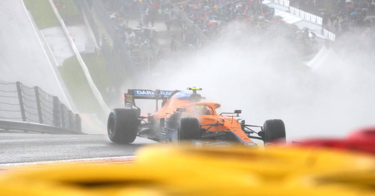 Lando Norris' McLaren crashes in Q3 for the Belgian GP. Spa-Francorchamps August 2021.