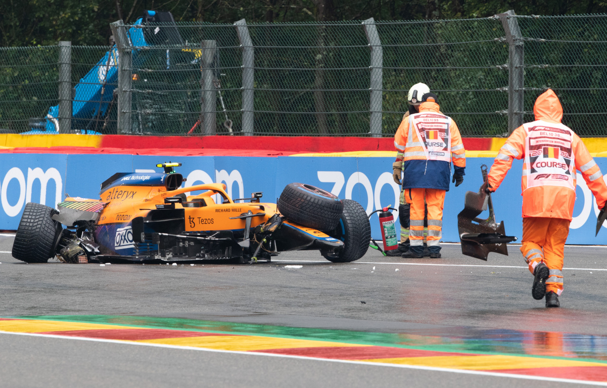 Lando Norris wrecked McLaren Spa qualifying crash. Belgium August 2021