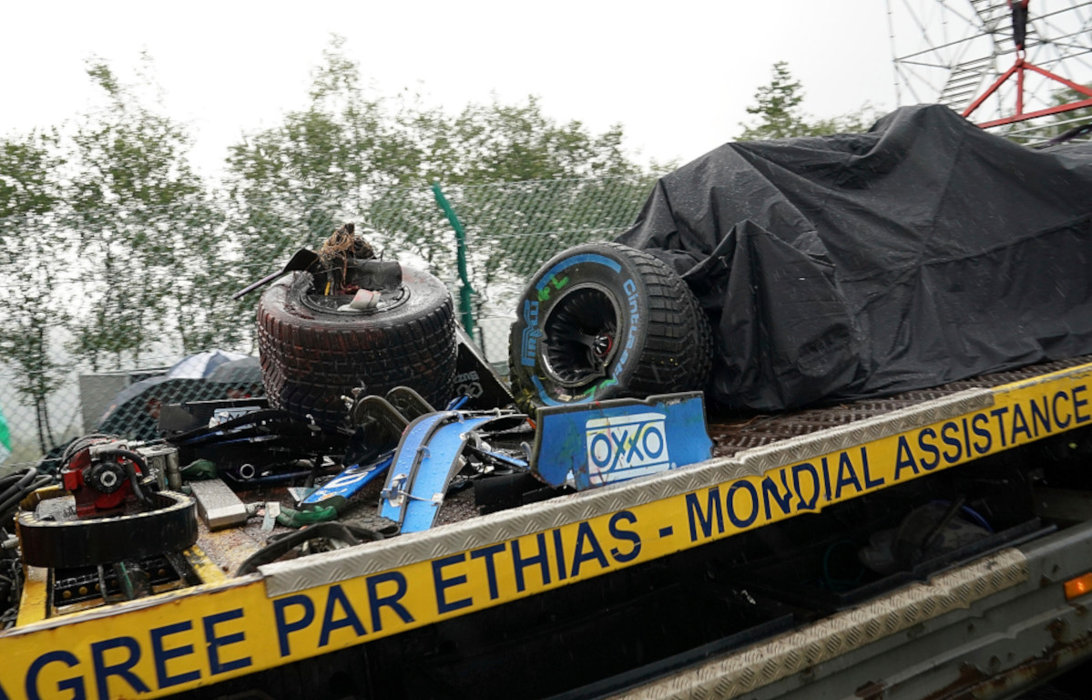 Lando Norris' wrecked McLaren. Belgium August 2021