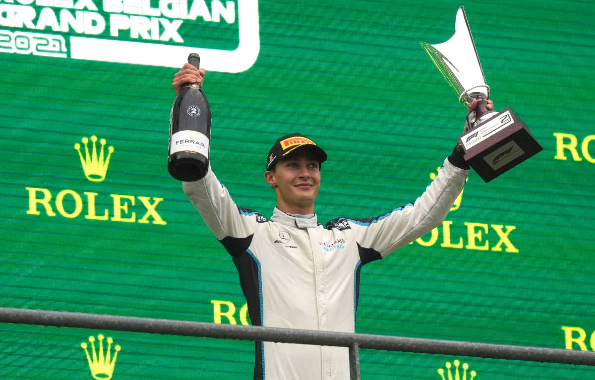 Williams driver George Russell celebrates his first F1 podium