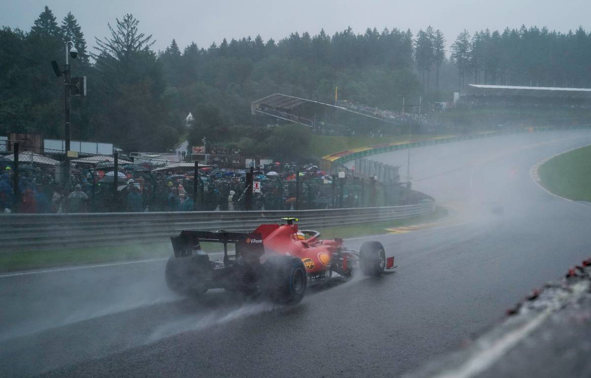 Carlos Sainz's Ferrari at Eau Rouge during the Belgian GP. Spa-Francorchamps August 2021.