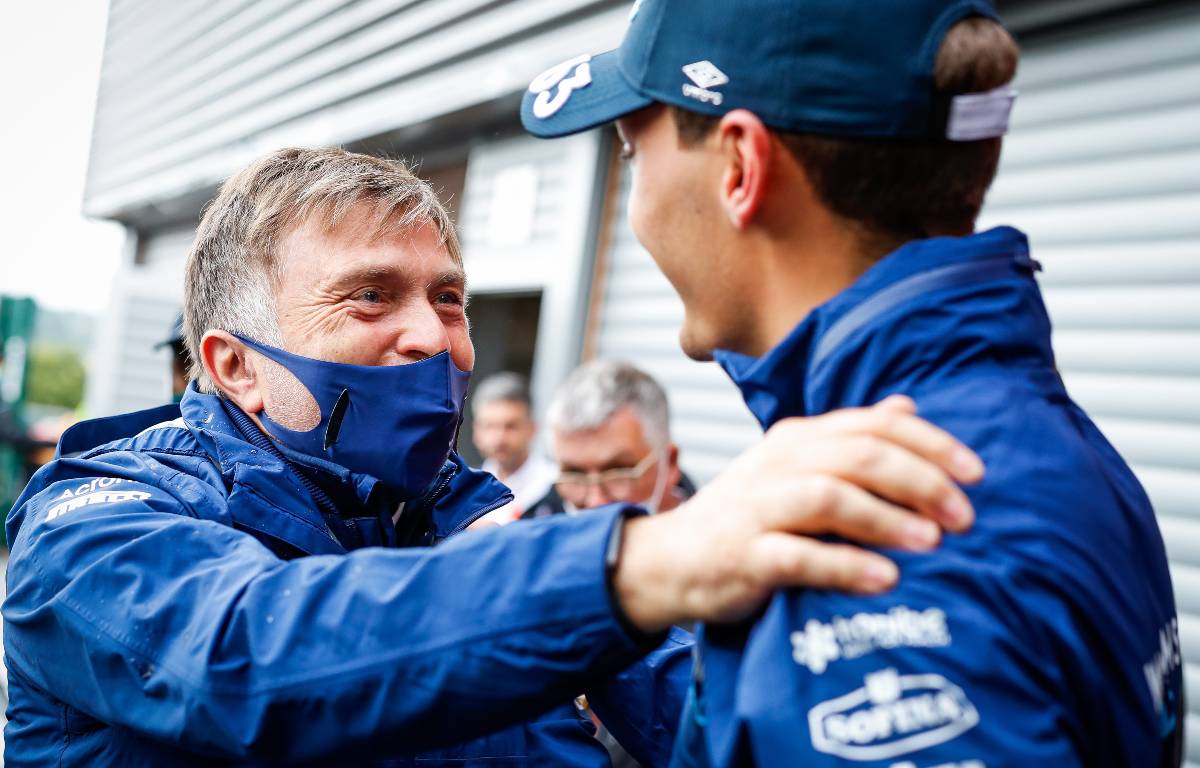 Jost Capito embraces George Russell after Belgian GP qualifying. Spa-Francorchamps August 2021.
