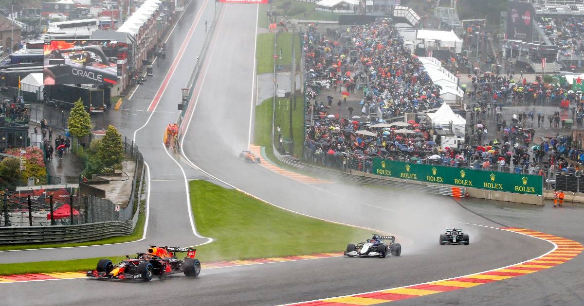 Max Verstappen leads at Eau Rouge during the Belgian GP under Safety Car conditions. Spa-Francorchamps August 2021.