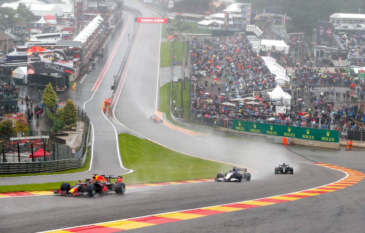 Max Verstappen leads at Eau Rouge during the Belgian GP under Safety Car conditions. Spa-Francorchamps August 2021.