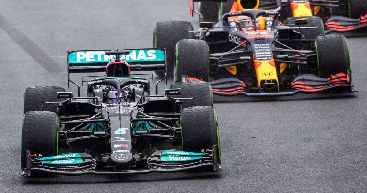 Mercedes of Lewis Hamilton and Red Bull of Max Verstappen start the Hungarian GP 2021.