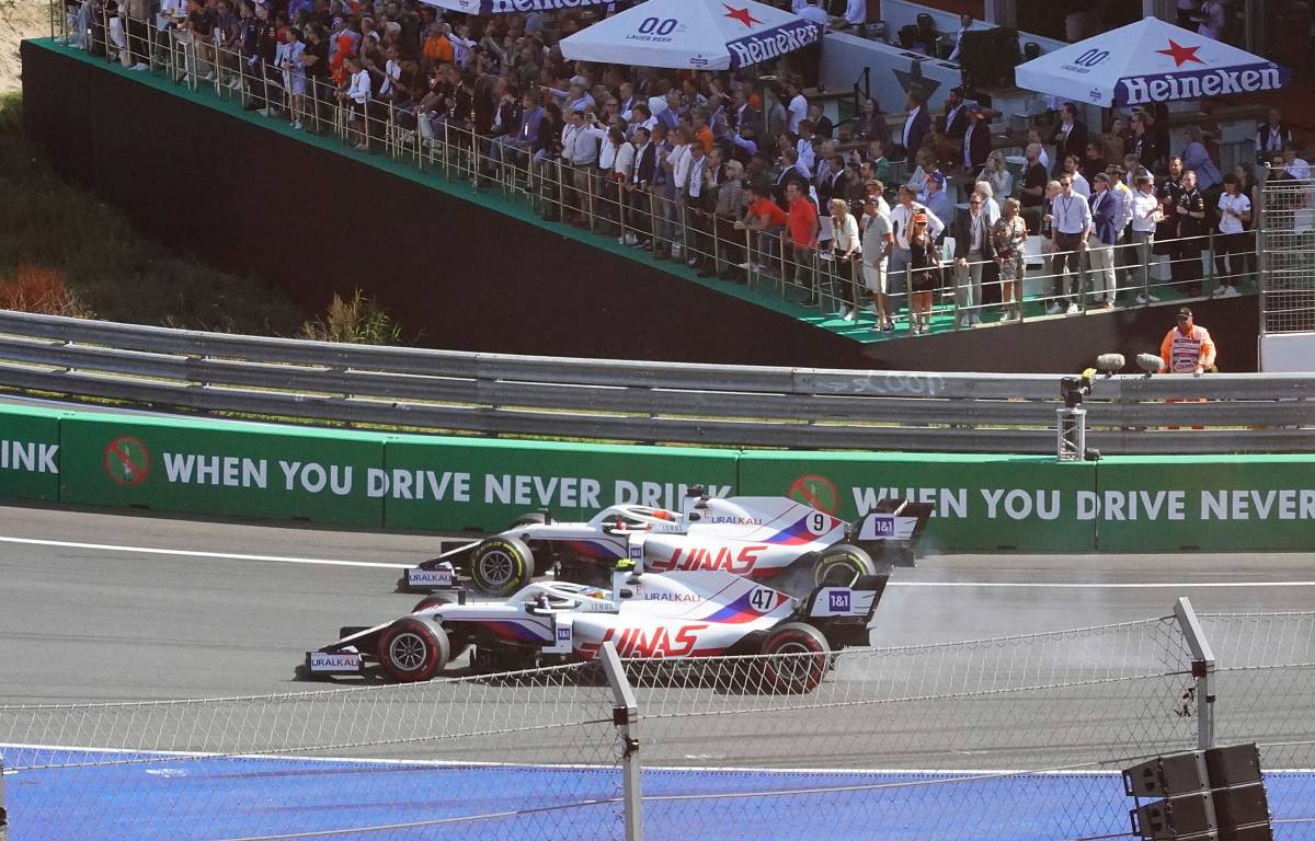 Near miss for Haas' Mick Schumacher and Nikita Mazepin at the Dutch GP. September 2021.