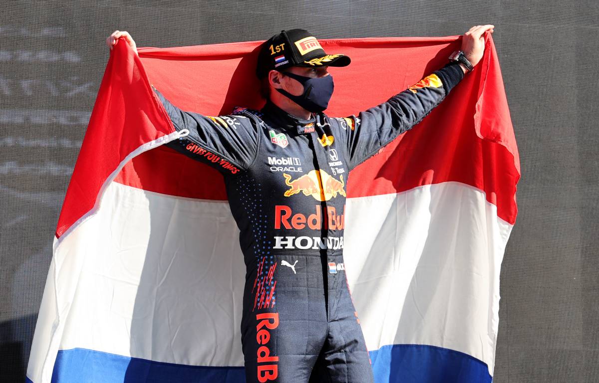 Max Verstappen celebrates Dutch GP victory with the Dutch flag. September 2021.