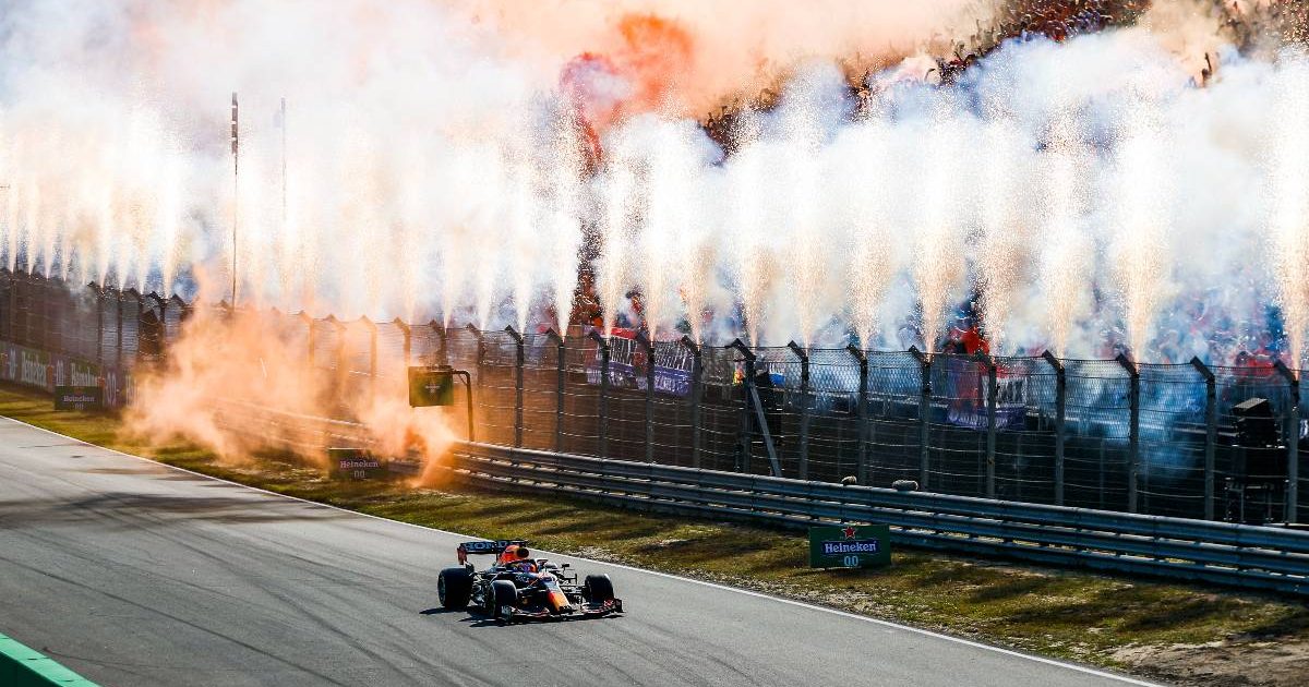 Fans celebrate Max Verstappen's Dutch Grand Prix victory. Zandvoort September 2021.