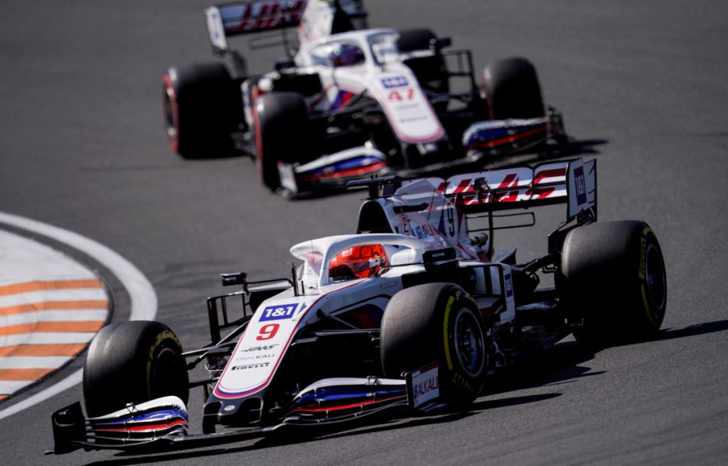 Nikita Mazepin leads Mick Schumacher. Netherlands September 2021.