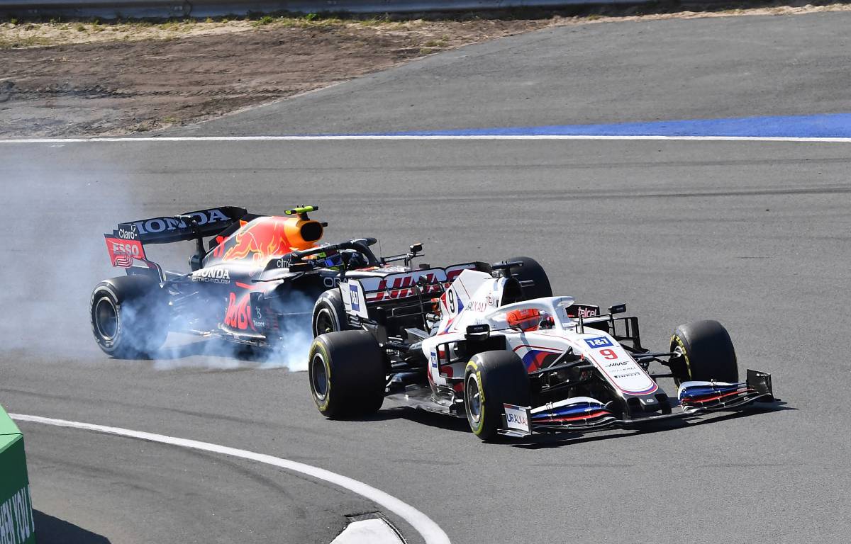 Sergio Perez locks up behind Nikita Mazepin during the Dutch GP. Zandvoort September 2021.