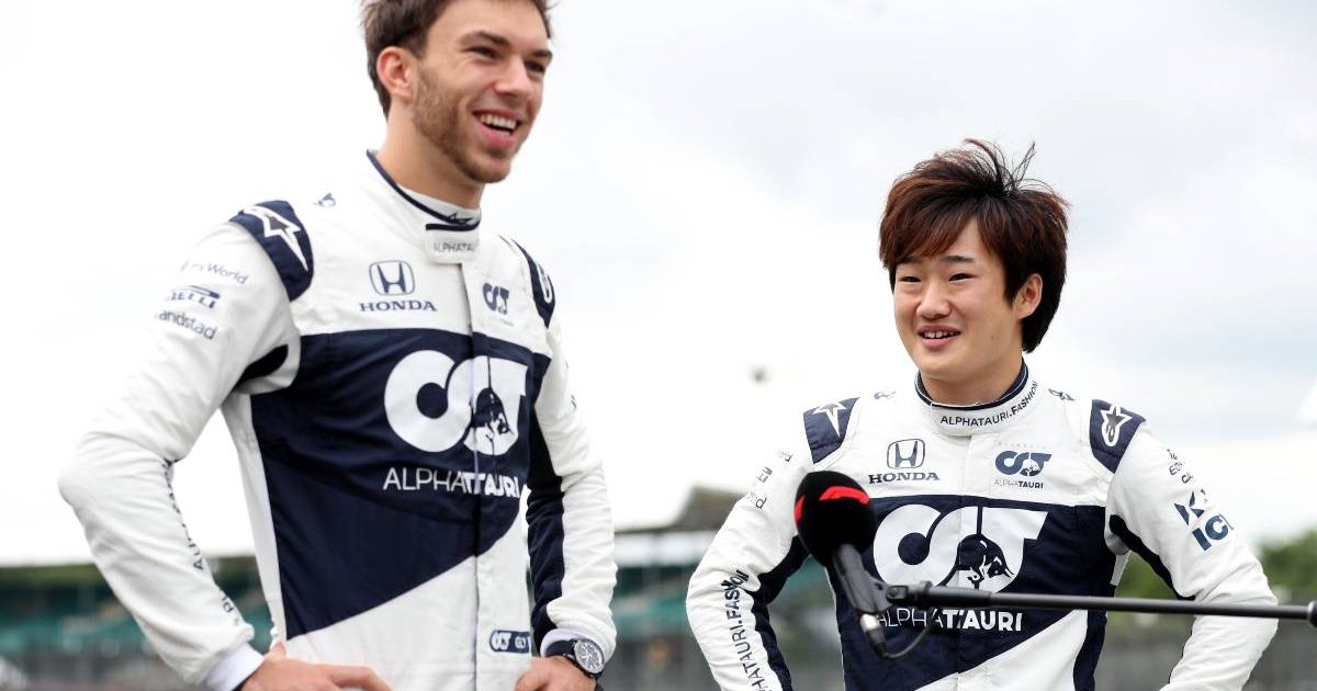 Pierre Gasly and Yuki Tsunoda smiling at the British GP. Silverstone July 2021.