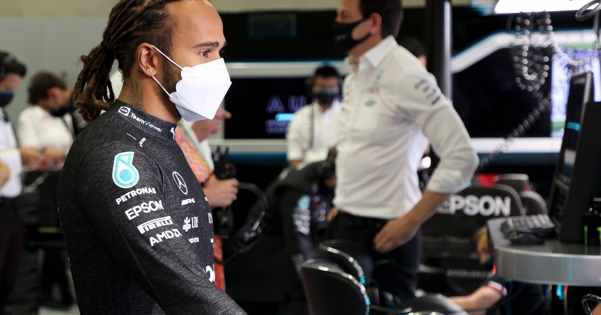 Lewis Hamilton and Toto Wolff standing in the Mercedes garage. Austria July 2021