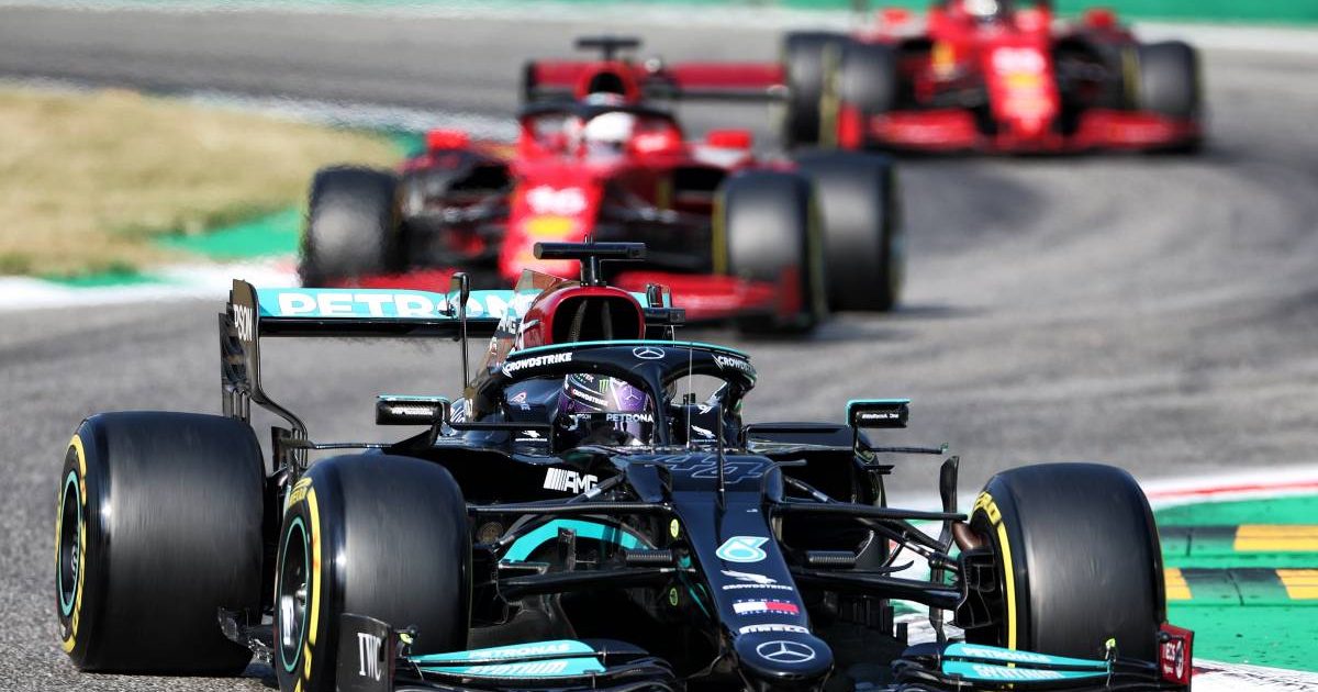 Lewis Hamilton ahead of the Ferraris during sprint qualifying for the Italian GP. Monza September 2021.