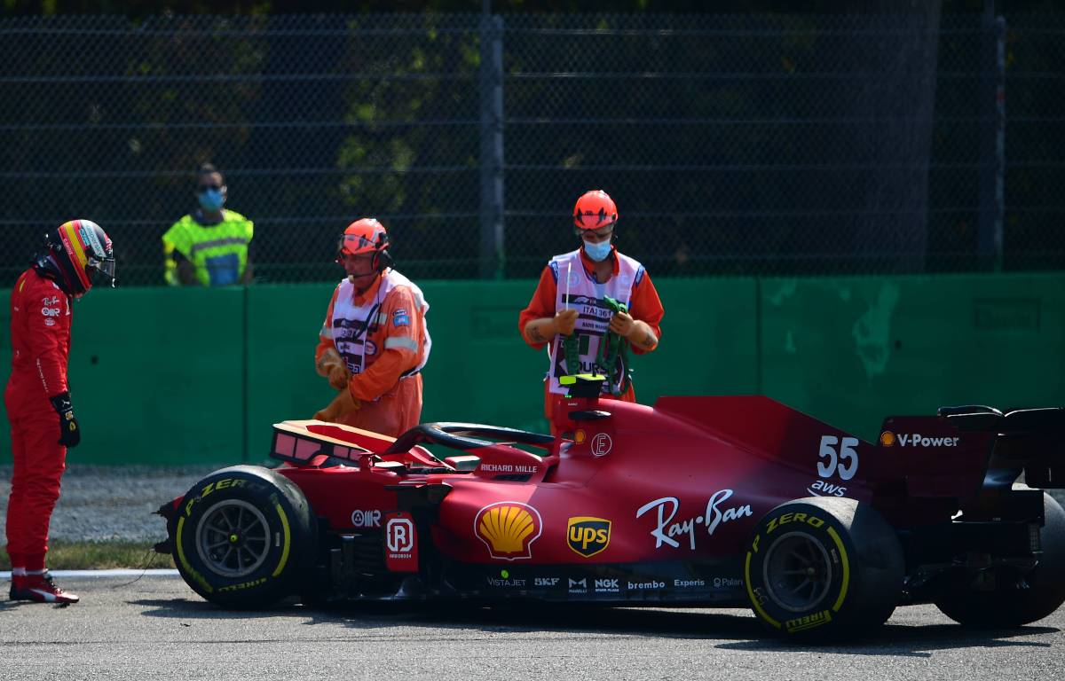 Carlos Sainz standing next to his crashed Ferrari in FP2 for the Italian GP. Monza September 2021.