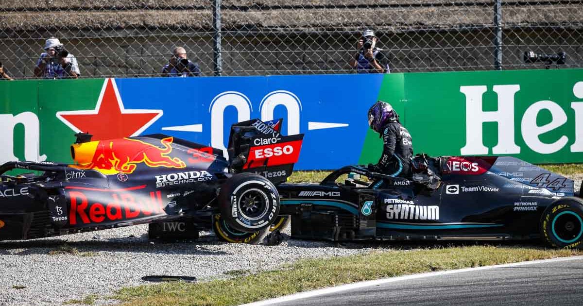 Max Verstappen and Lewis Hamilton crash at Monza. September 2021.