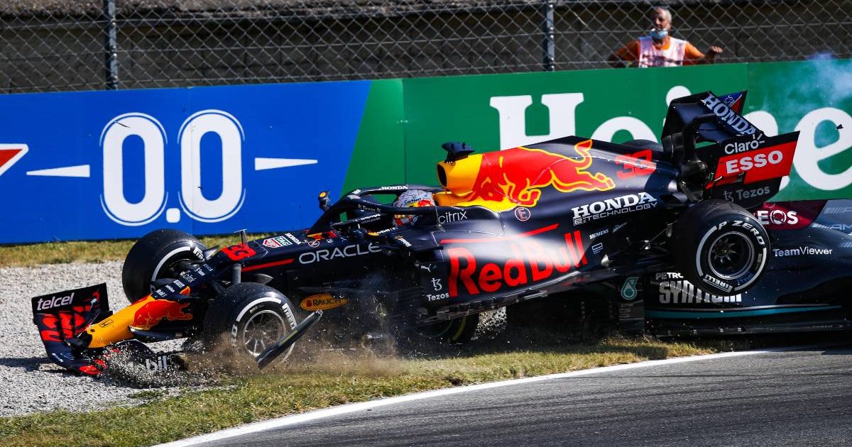 Max Verstappen, Red Bull, and Lewis Hamilton, Mercedes, crash in Italy. September 2021.